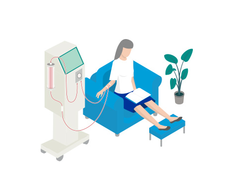 Home hemodialysis patient reading a book on a blue chair during home HD therapy